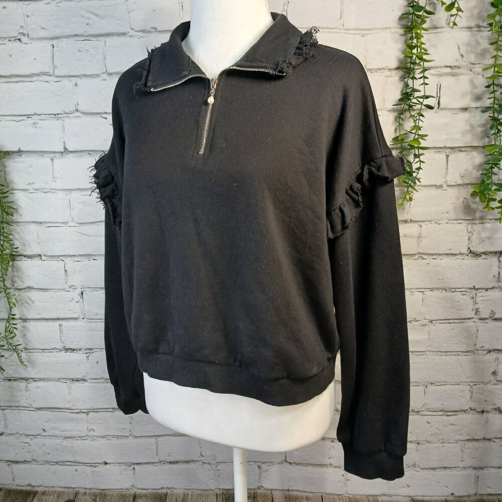 THE VINTAGE SHOP 1/4 ZIP FLEECE PULLOVER COLLARED TOP, BLACK, RUFFLED, SZ LARGE